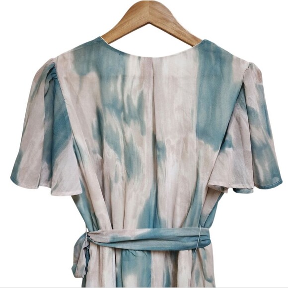 Chic Soul Dress Sz 1X Teal Tan Chiffon Maxi Flutter Sleeve Surplice V Neck Slit - Picture 4 of 13